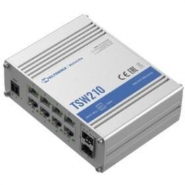 TSW210 pramoninis nekonfigūruojamas šakotuvas (switch), 8x LAN 10/100/1000 Mbps + 2x SFP, be PSU, nugarėlė DIN bėgeliui